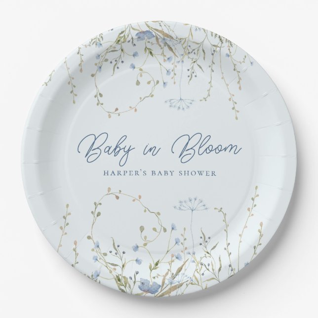 Chic Blue Sky Wildflowers Boy Baby Shower Paper Plates (Front)