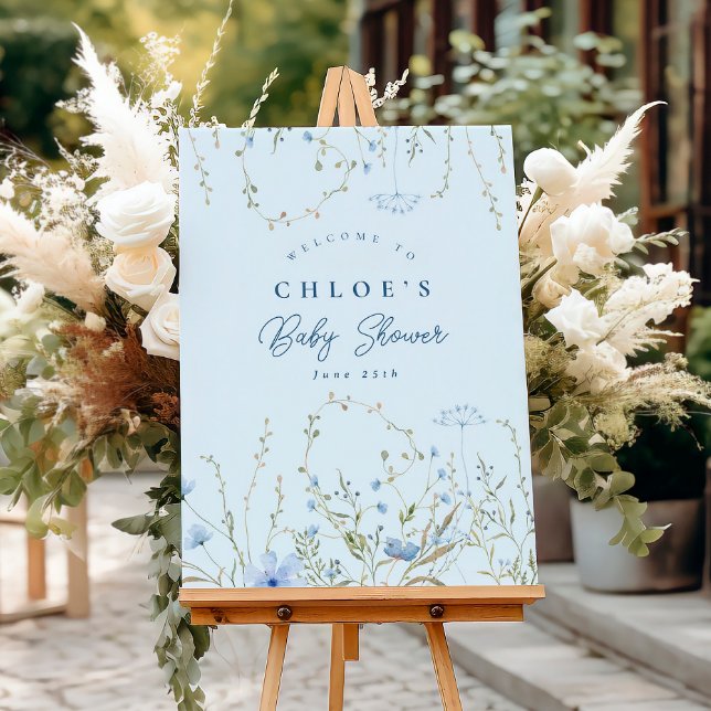 Chic Blue Sky Wildflowers Boy Baby Shower Sign (Creator Uploaded)
