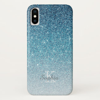 Chic Blue Sparkle Glitter Monogram Name iPhone X Case