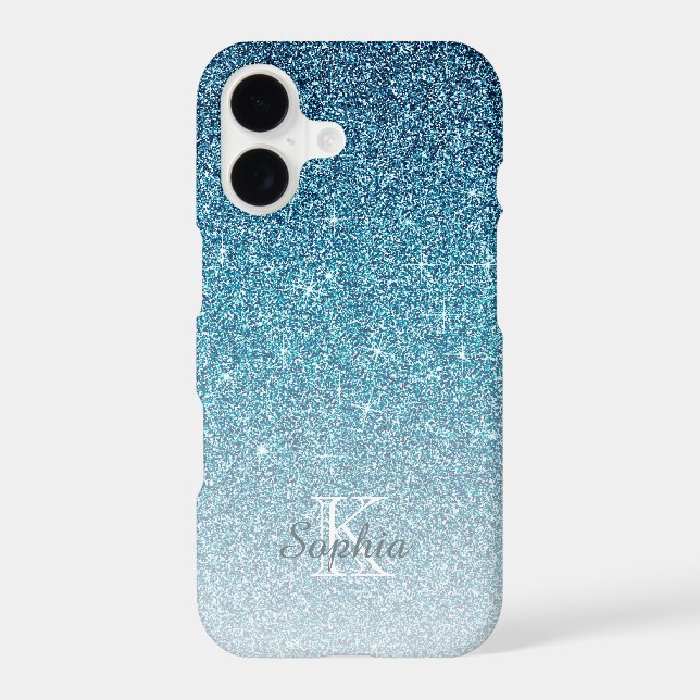 Chic Blue Sparkle Glitter Monogram Name Iphone Case (Back)