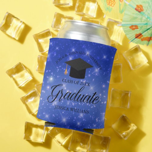 Chic Blue Sparkle Graduate Custom Graduation Party Can Cooler