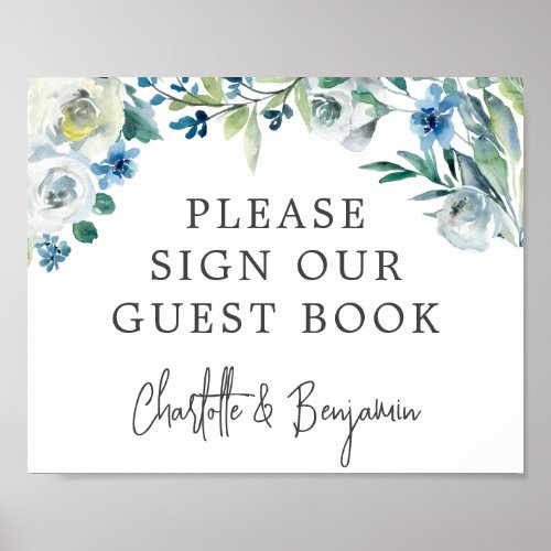 Chic Blue Spring Floral Please Sign Our Guest Book