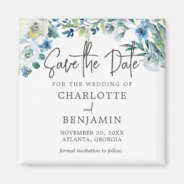Chic Blue Spring Floral Save The Date Magnet (Front)