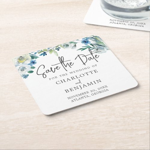 Chic Blue Spring Floral Save The Date Square Paper Coaster