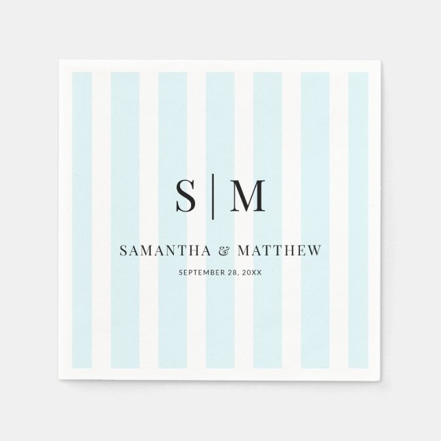 Chic Blue Stripes Elegant Couple Initials Wedding Napkins (Front)
