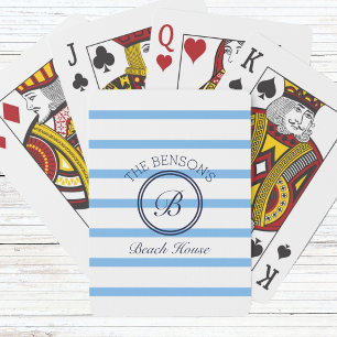 Chic Blue Stripes Monogram and Family Name Beach Poker Cards