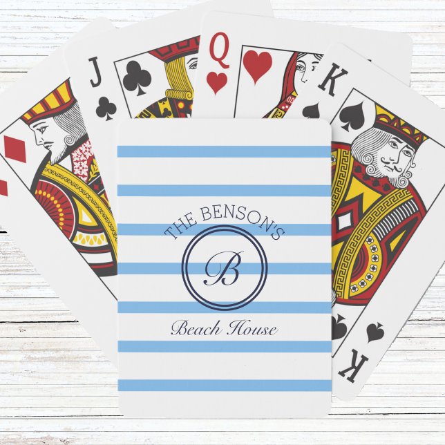 Chic Blue Stripes Monogram and Family Name Beach Poker Cards (Creator Uploaded)