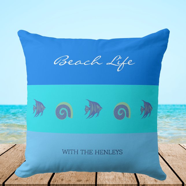 Chic Blue Stripes Shells Fish Family Beach House Throw Pillow (Creator Uploaded)