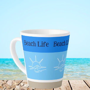 Chic Blue Stripes Tan Beach House Latte Mug