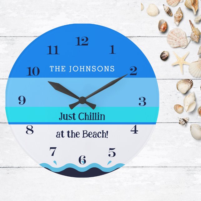 Chic Blue Stripes Wave Family Name Beach House Large Clock (Creator Uploaded)