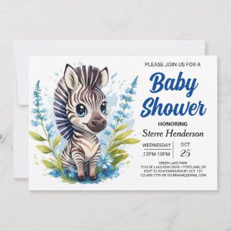 Chic Blue Surprise Zebra Boy Baby Shower Invitation