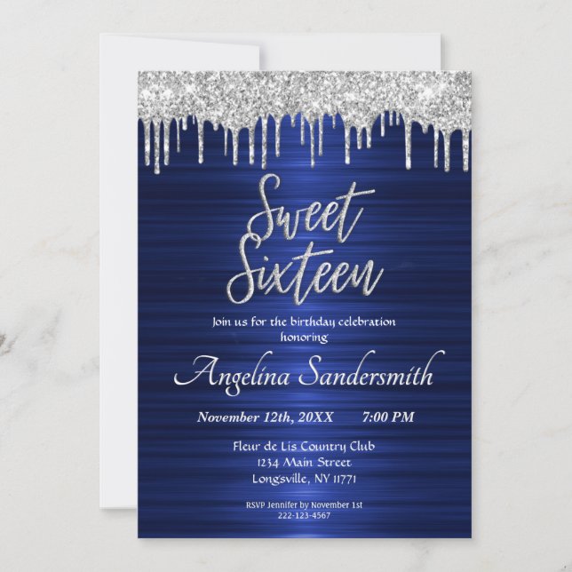 Chic Blue Sweet 16 Silver Glitter Drips Invitation (Front)
