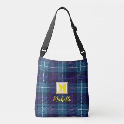 Chic Blue Tartan Personalized Monogram Script Name Crossbody Bag