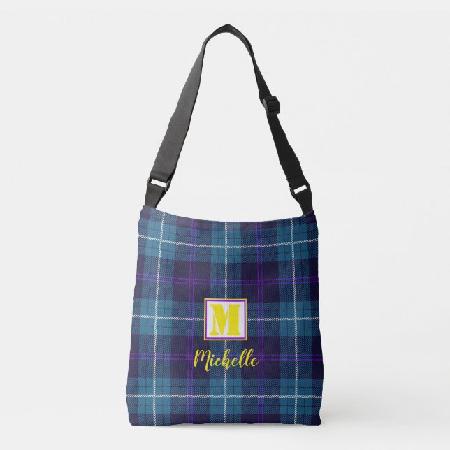 Chic Blue Tartan Personalized Monogram Script Name Crossbody Bag (Front)