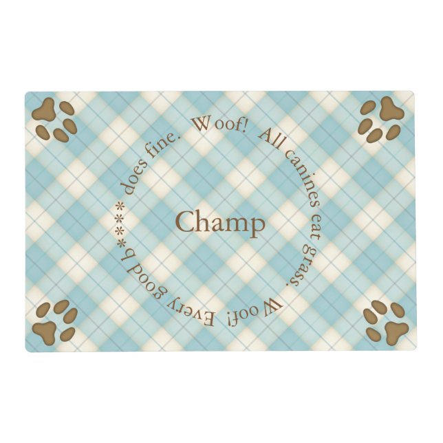Chic Blue Tartan Personalized Name & Message Dog Placemat (Front)