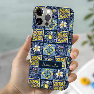 Chic Blue Teal Mediterranean Sicilian Citrus iPhone 15 Case