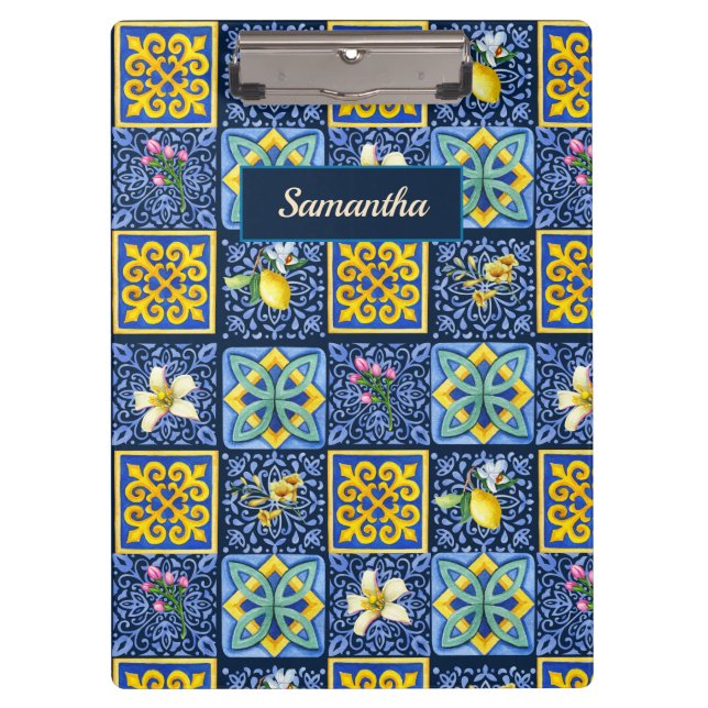 Chic Blue teal Sicilian citrus Mediterranean Clipboard (Front)