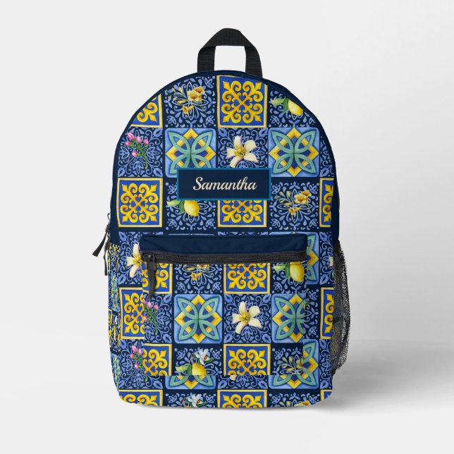 Chic Blue teal Sicilian citrus Mediterranean Printed Backpack (Front)