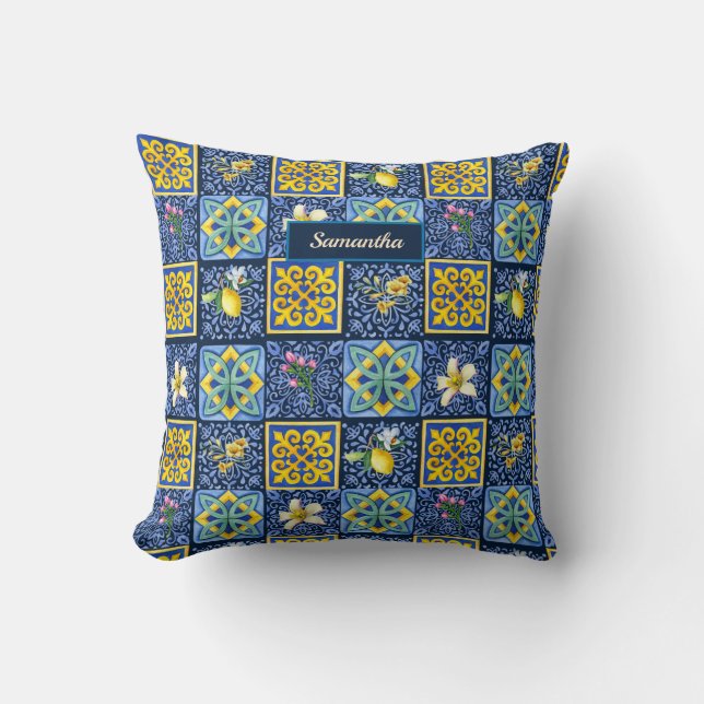 Chic Blue teal Sicilian citrus Mediterranean Throw Pillow (Front)