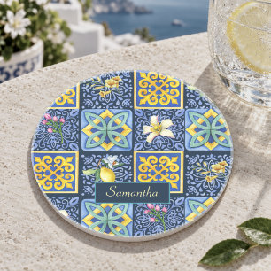 Chic Blue Teal Sicilian Citrus Tile Coaster