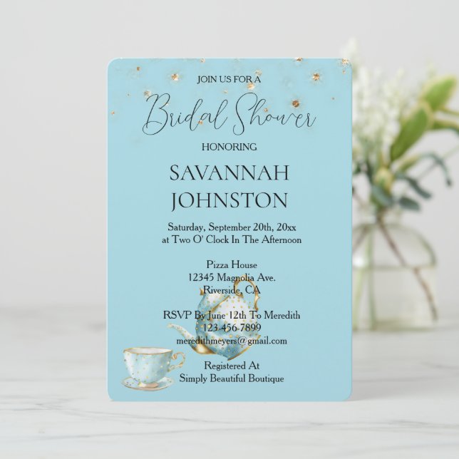 Chic Blue Teapot Bridal Shower  Invitation (Standing Front)