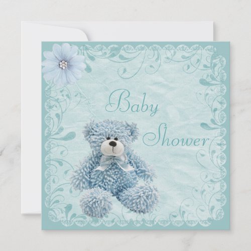 Chic Blue Teddy Baby Boy Shower Invitation
