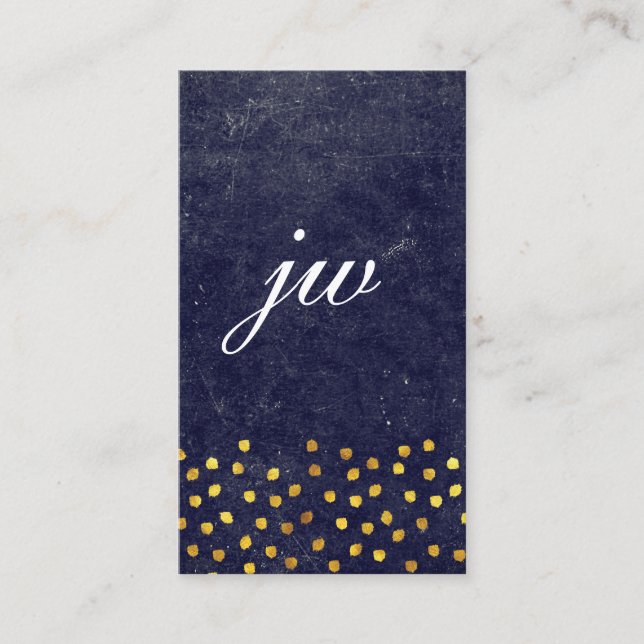chic blue texture with golden spots monogram business card (Front)