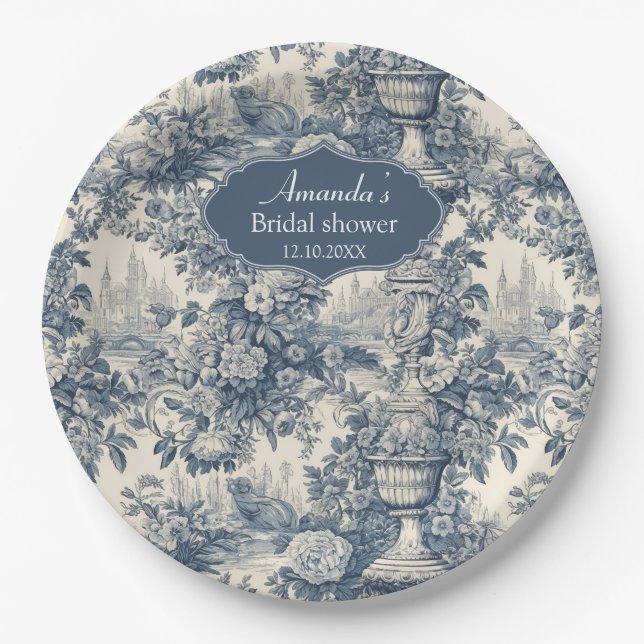 Chic Blue toile de jouy bridal shower Paper Plates (Front)