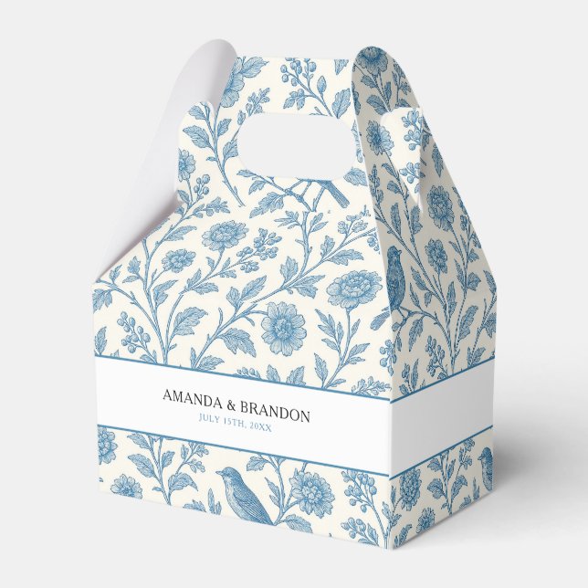 Chic Blue Toile de Jouy Floral Border Wedding Favor Boxes (Back Side)