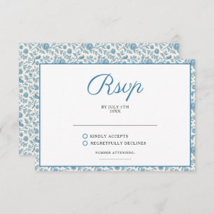 Chic Blue Toile de Jouy Floral Border Wedding RSVP Card