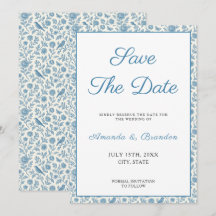 Chic Blue Toile de Jouy Floral Border Wedding