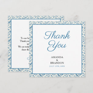 Chic Blue Toile de Jouy Floral Border Wedding Thank You Card