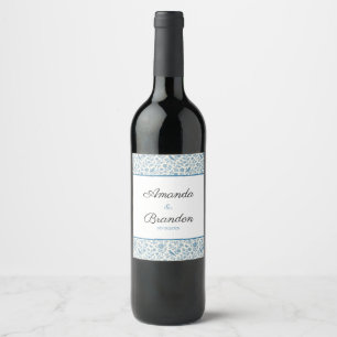 Chic Blue Toile de Jouy Floral Border Wedding Wine Label