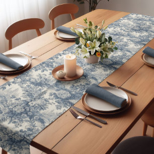 Chic Blue Toile de Jouy Floral Monogram Short Table Runner
