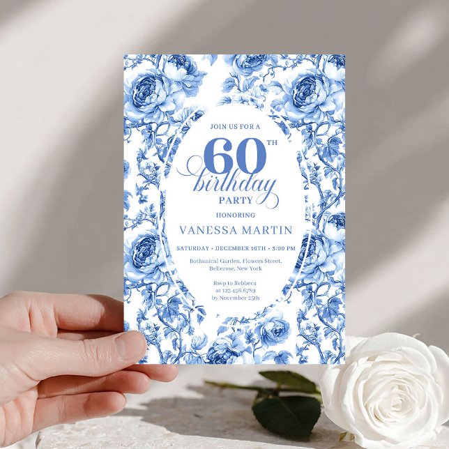 Chic Blue Toile Roses 60th Birthday Invitation  (Chic Blue Toile Roses 60th Birthday Invitation Download

)