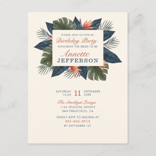 Chic Blue Tropical Leaves Modern Birthday Party Invitation Postcard