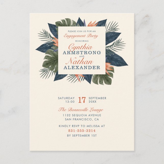 Chic Blue Tropical Leaves Unique Engagement Party Invitation Postcard (Front)
