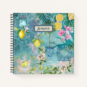 Chic Blue Turquoise Collage Sicilian Citrus Floral Notebook