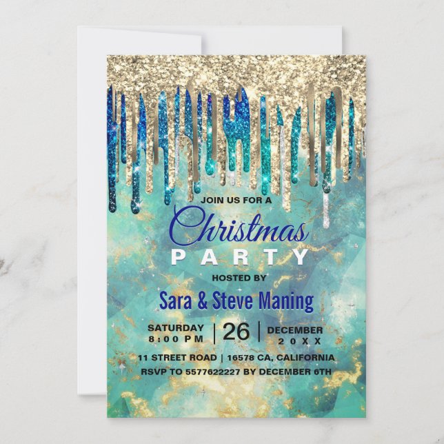 Chic blue turquoise gold glitter drips Christmas  Invitation (Front)