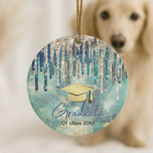 Chic blue turquoise gold glitter drips graduate ceramic ornament