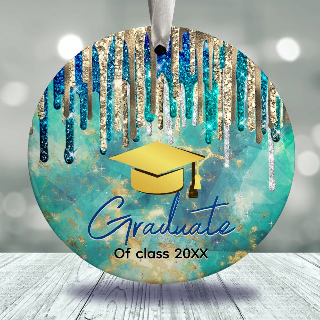 Chic blue turquoise gold glitter drips graduate ceramic ornament (Creator Uploaded)