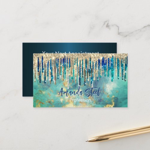 Chic blue turquoise gold glitter drips monogram appointment card