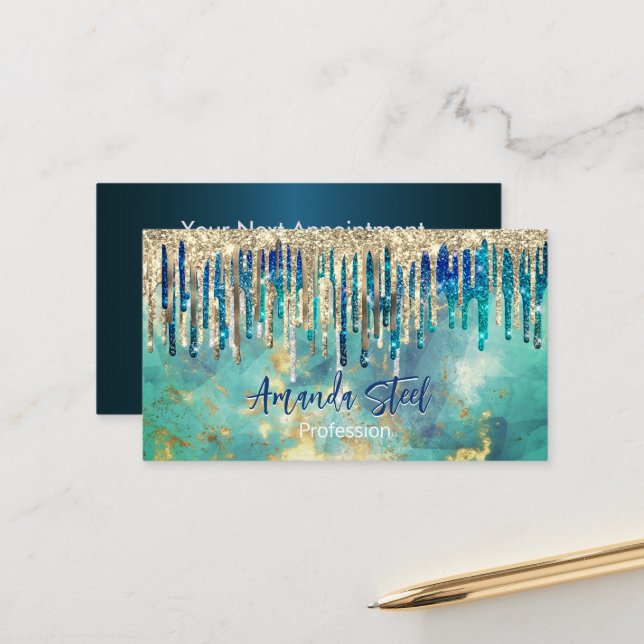 Chic blue turquoise gold glitter drips monogram appointment card (Front/Back In Situ)