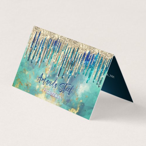 Chic blue turquoise gold glitter drips monogram business card