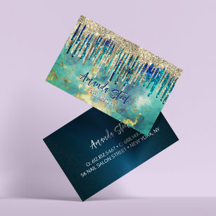 Chic blue turquoise gold glitter drips monogram business card