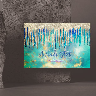 Chic blue turquoise gold glitter drips monogram business card magnet