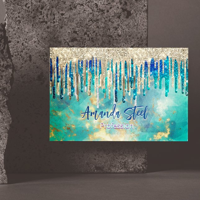 Chic blue turquoise gold glitter drips monogram business card magnet (Creator Uploaded)