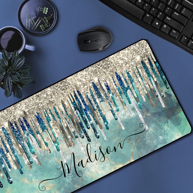 Chic blue turquoise gold glitter drips monogram desk mat (Creator Uploaded)