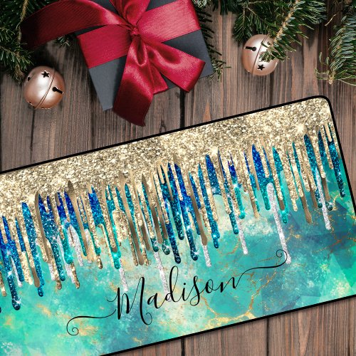 Chic blue turquoise gold glitter drips monogram desk mat