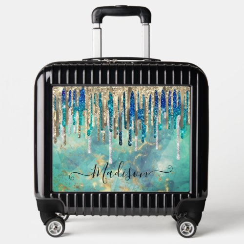 Chic blue turquoise gold glitter drips monogram luggage